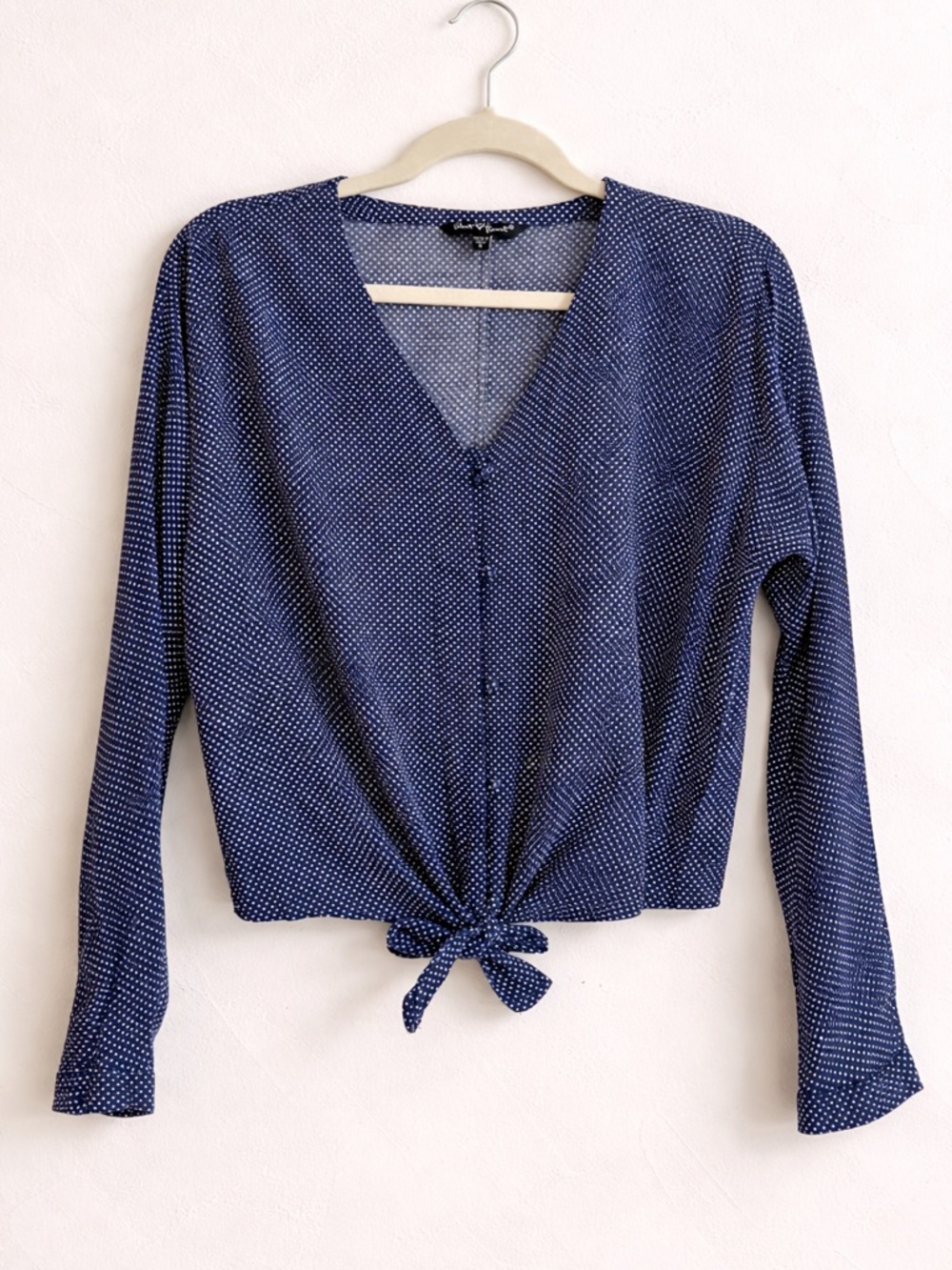 Navy Polka Dot Tie-Front V-Neck Blouse